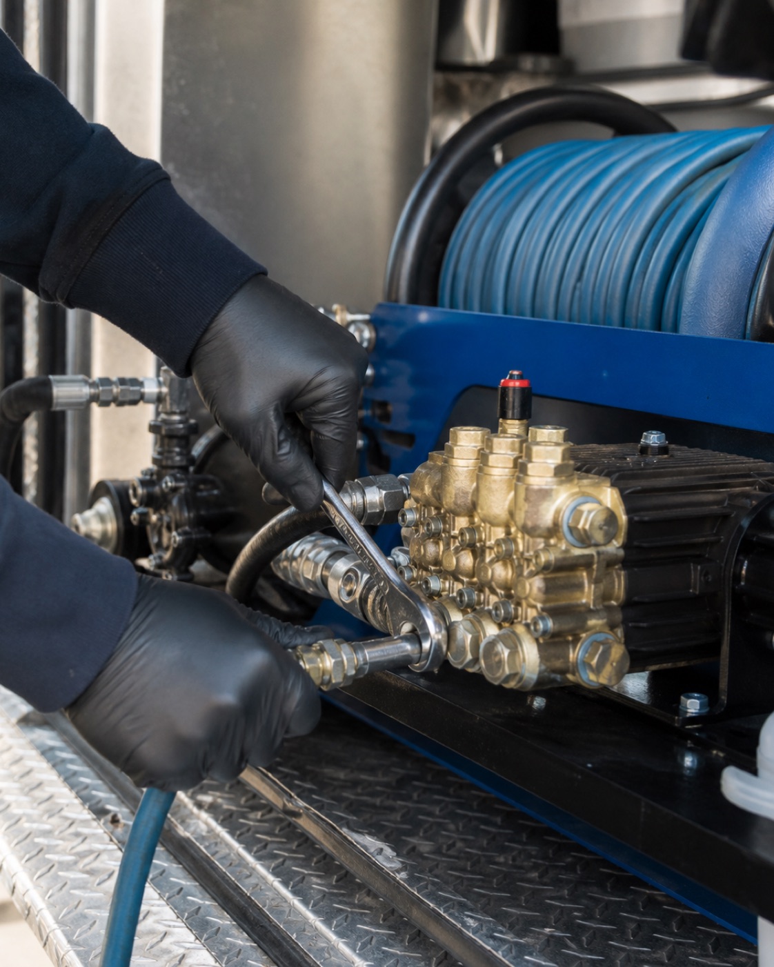 Pressure-washing hose, wand and surface cleaner ready beside a Florida driveway