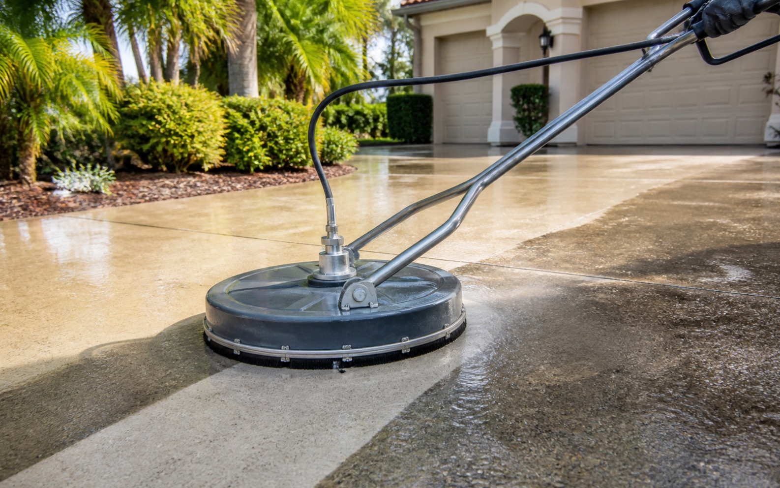 Pressure-washed concrete driveway beside a Central Florida home