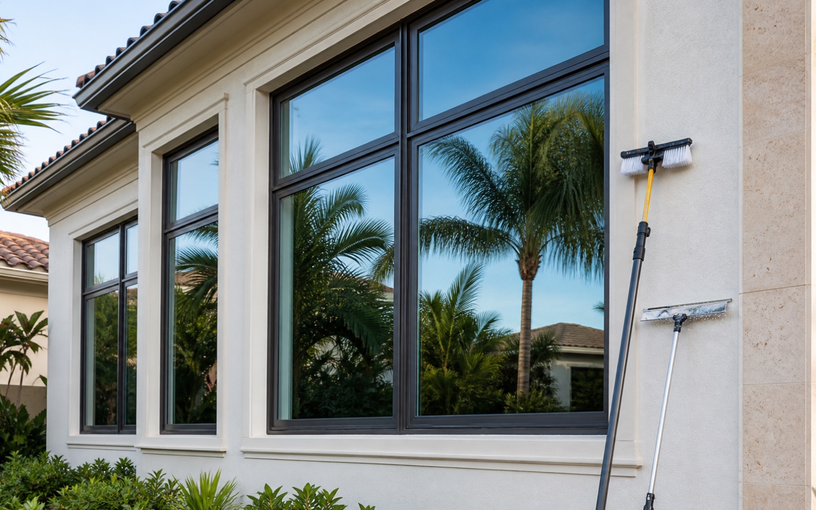 Clear exterior windows on a light stucco Florida home