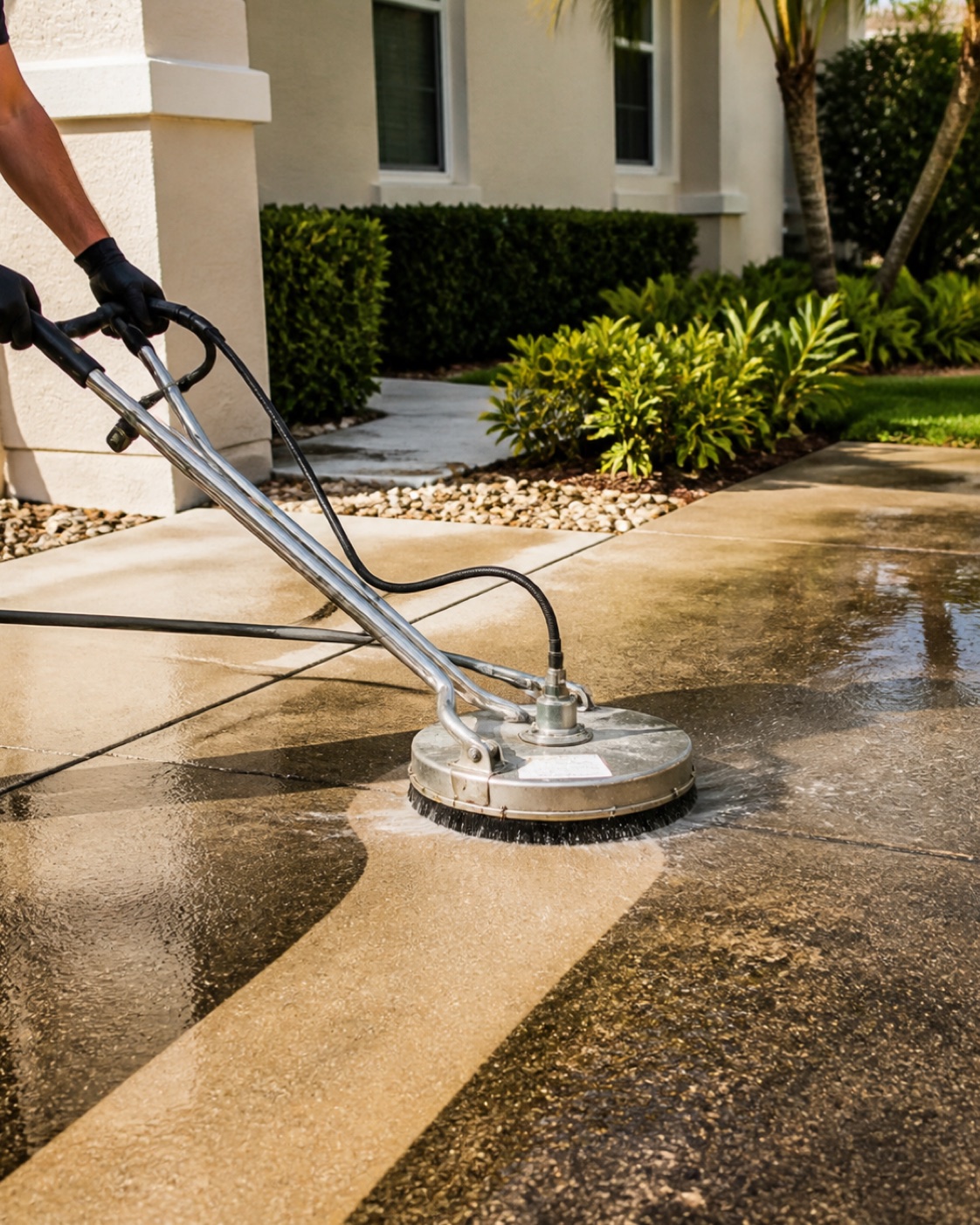 Rotary surface cleaner washing a stained concrete driveway beside a DeLand-area stucco home