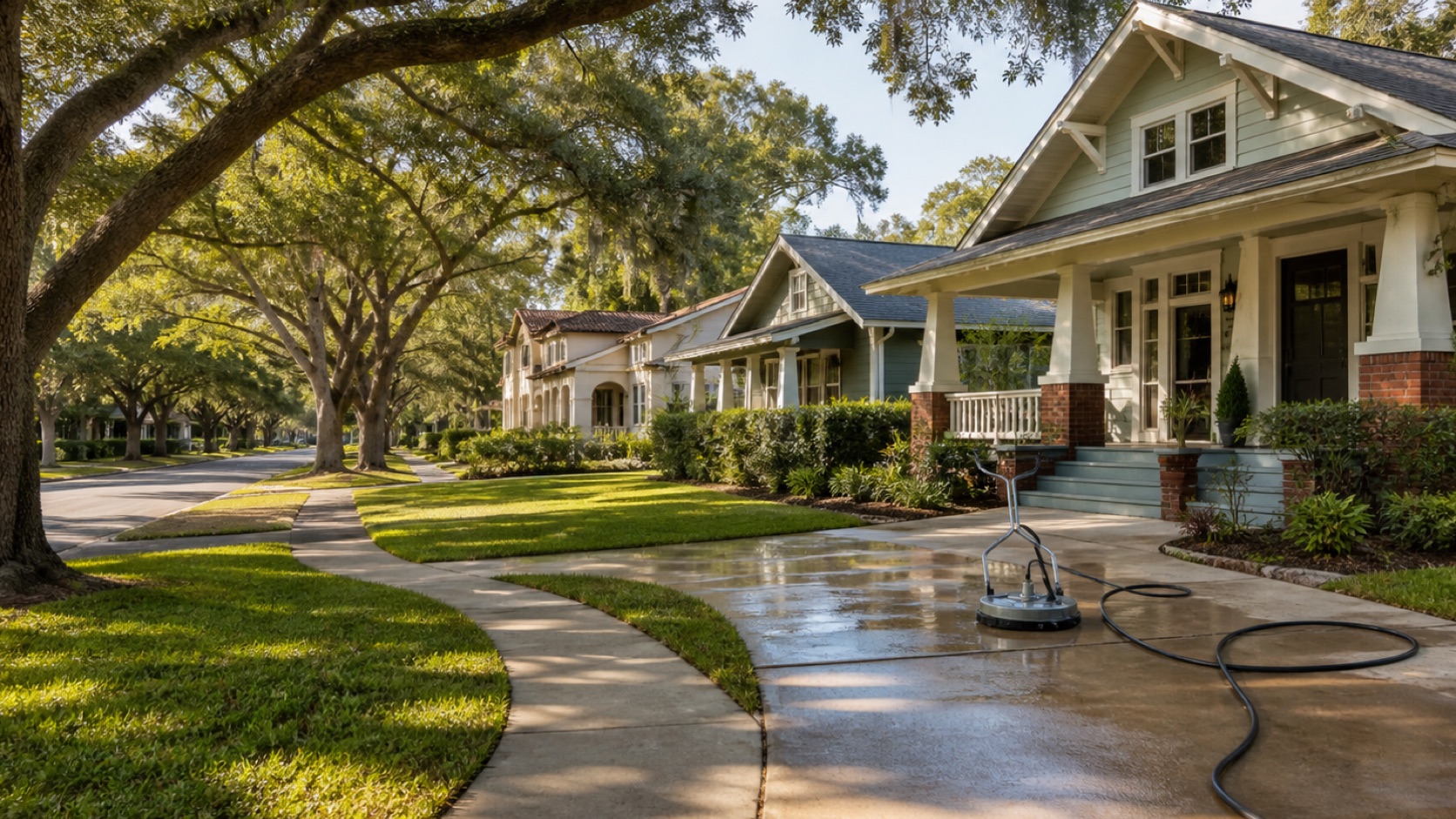 Mature oak-lined DeLand street with bungalow homes and a freshly cleaned concrete drive