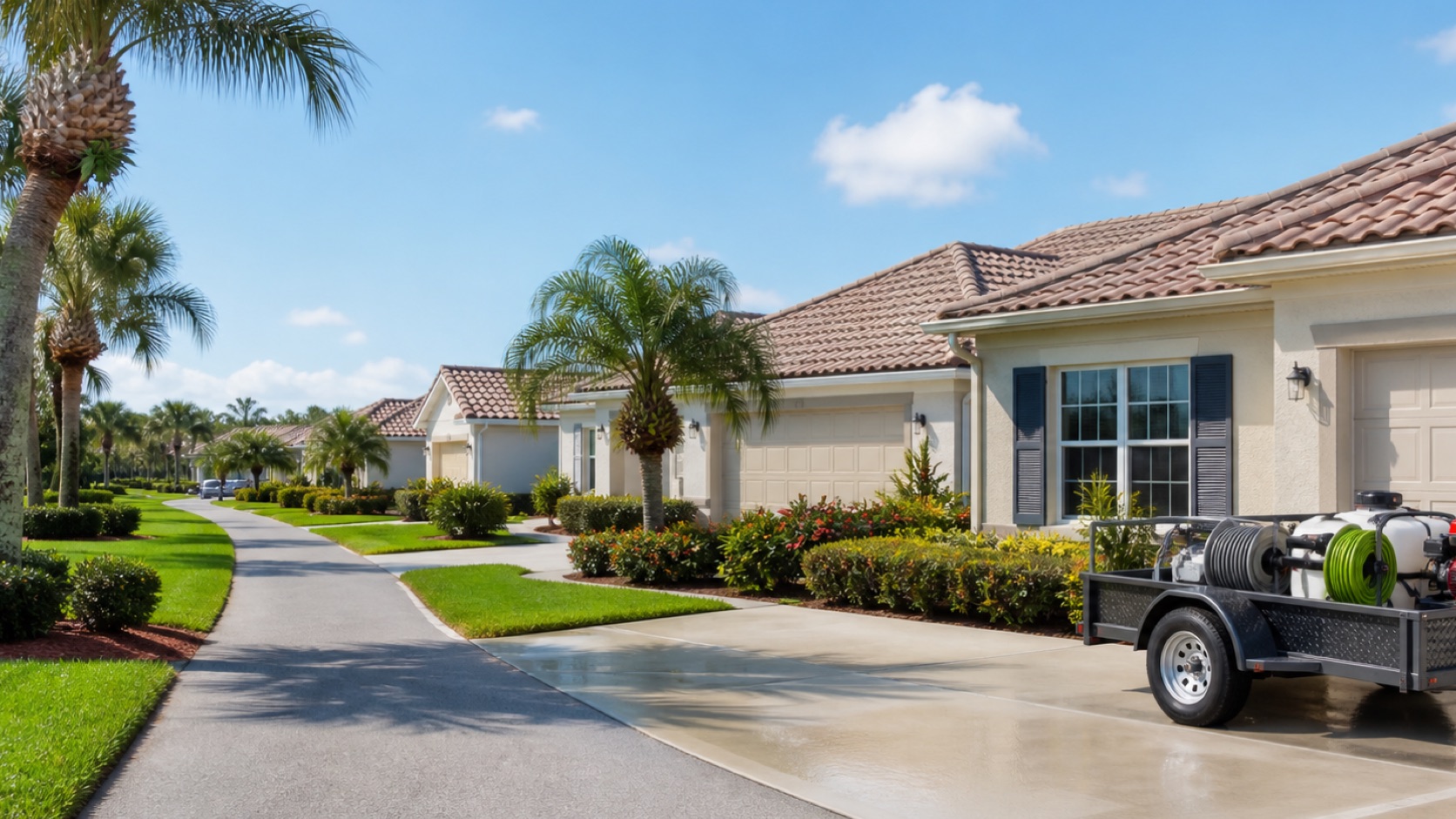 Clean single-story villa neighborhood in The Villages, Florida with tiled roofs and spotless driveways