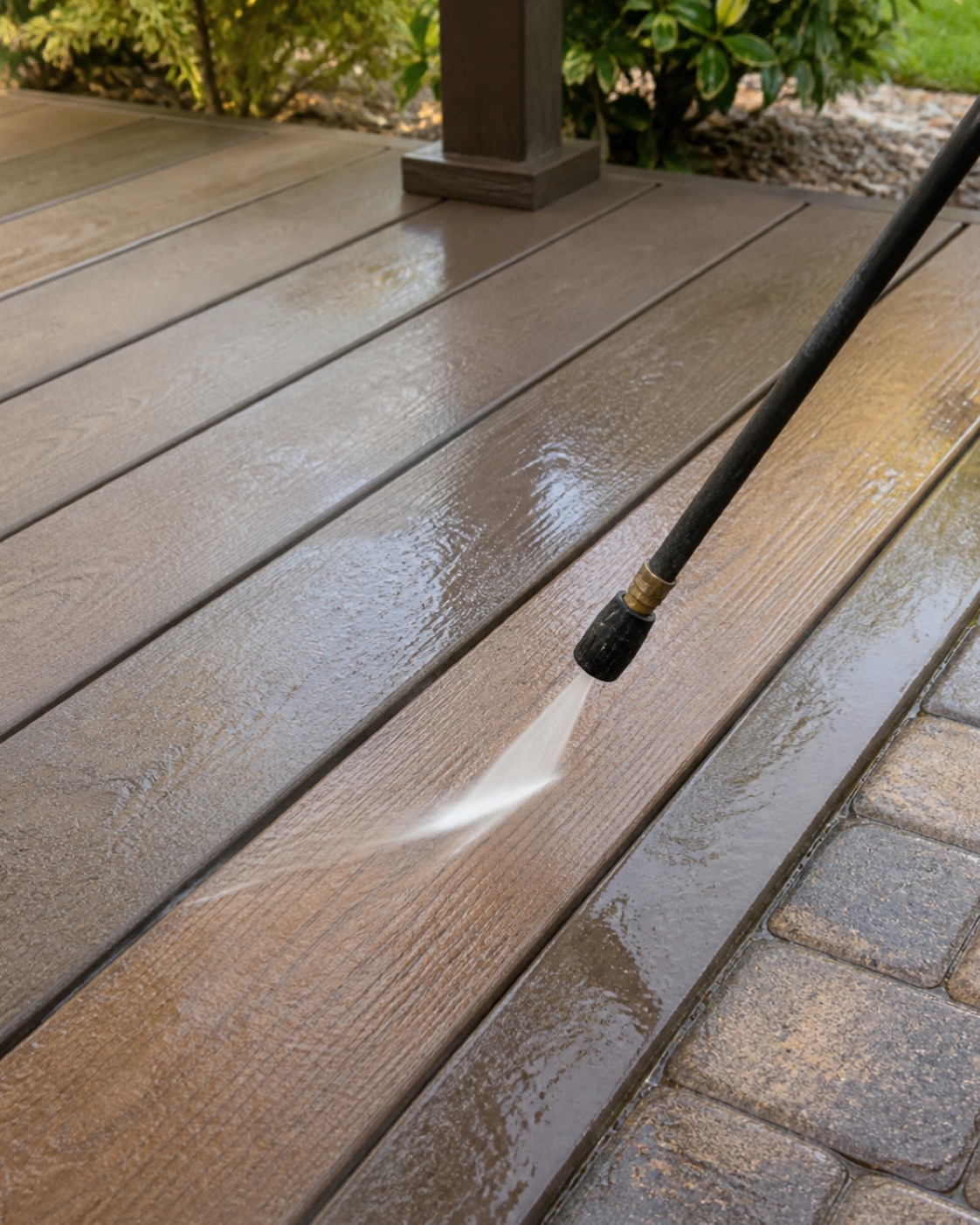 Controlled spray cleaning composite deck boards beside a paver patio
