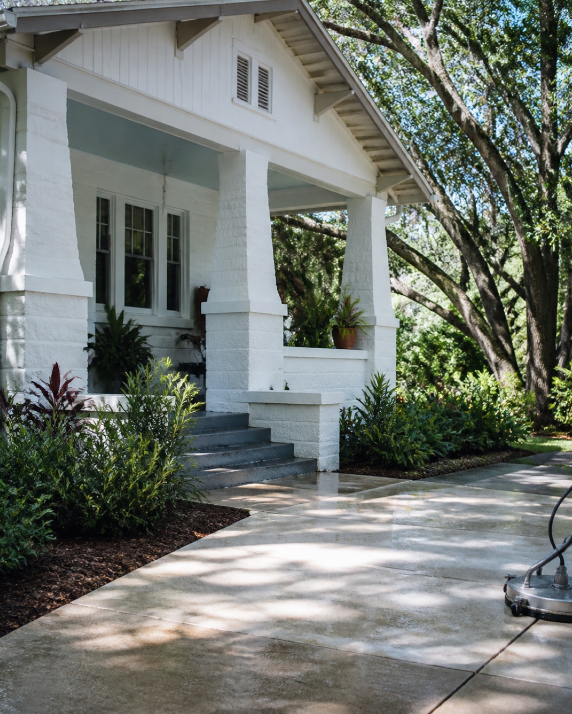 Clean DeLand-style bungalow porch and walkway beneath mature oak trees