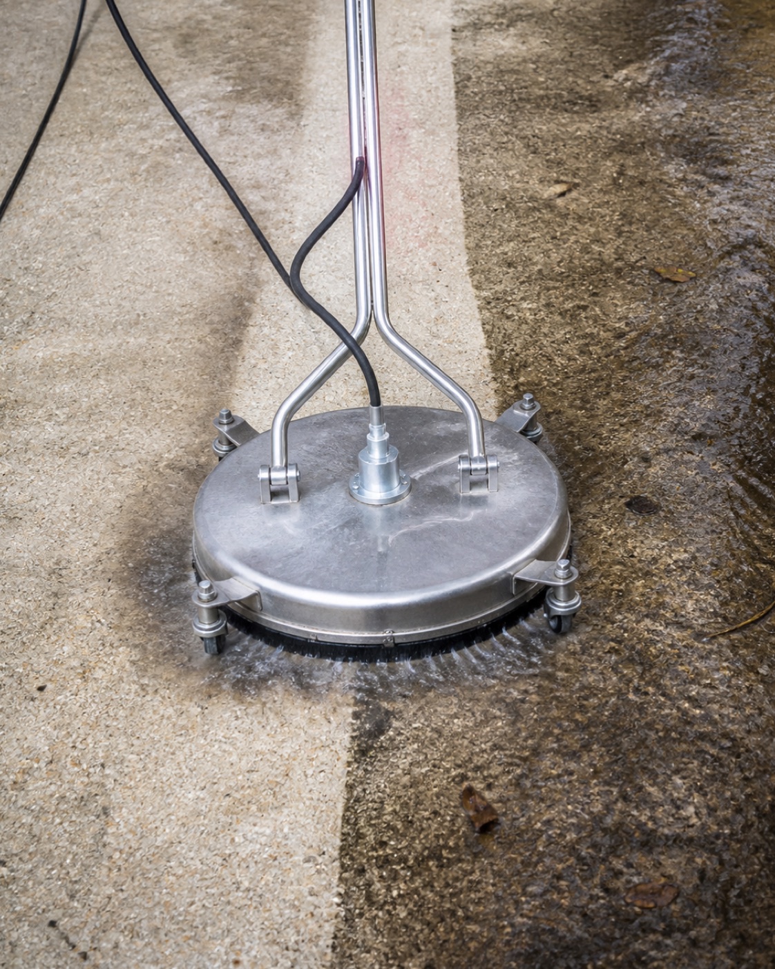 Close view of a metal surface cleaner crossing stained and cleaned concrete
