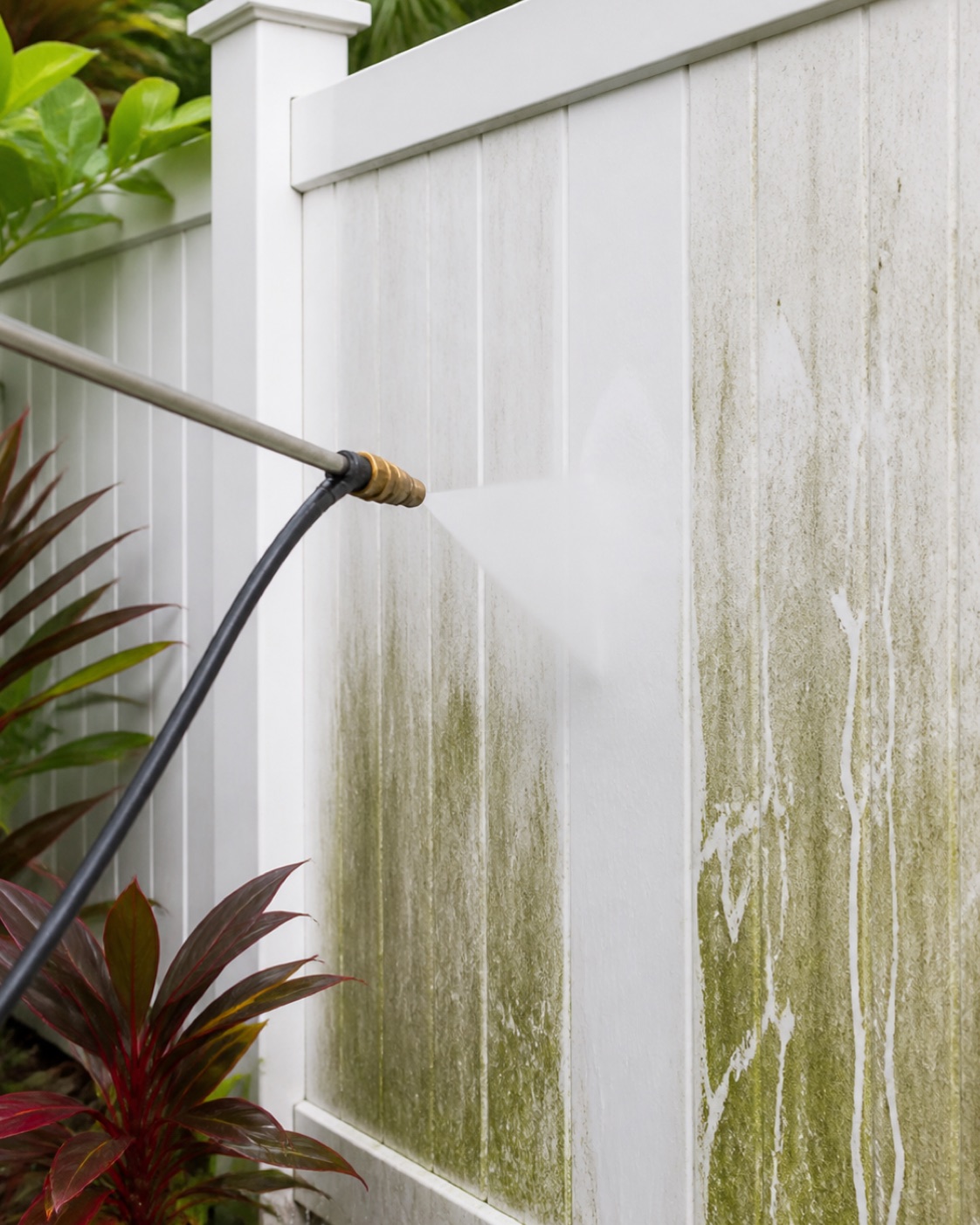 Close view of a low-pressure rinse clearing green buildup from white vinyl fence panels