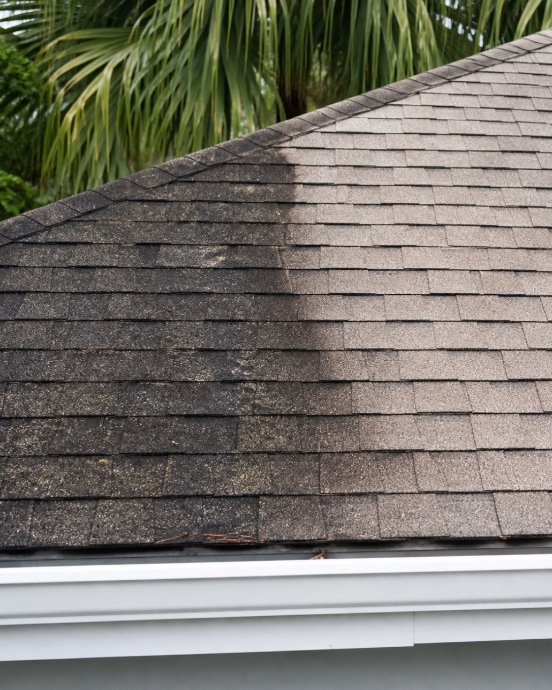 Close view of dark organic roof streaks beside a freshly treated shingle area