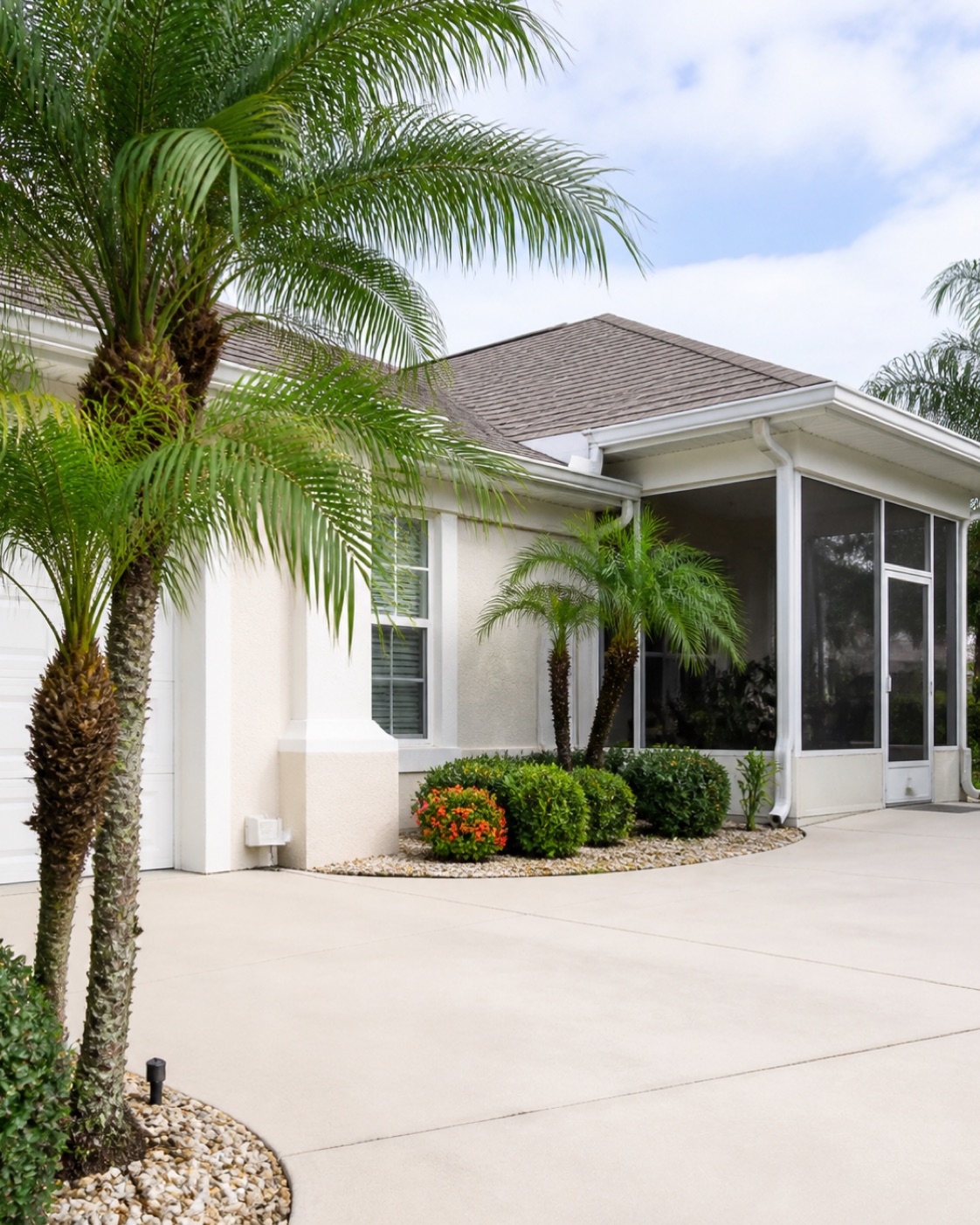 Freshly cleaned courtyard-villa exterior and pale concrete drive in The Villages, Florida
