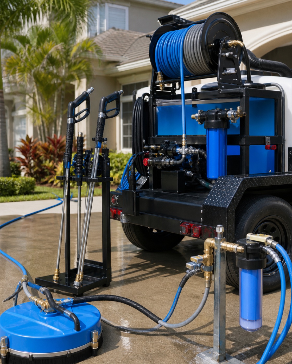 Organized blue and black pressure washing equipment staged at a Central Florida home