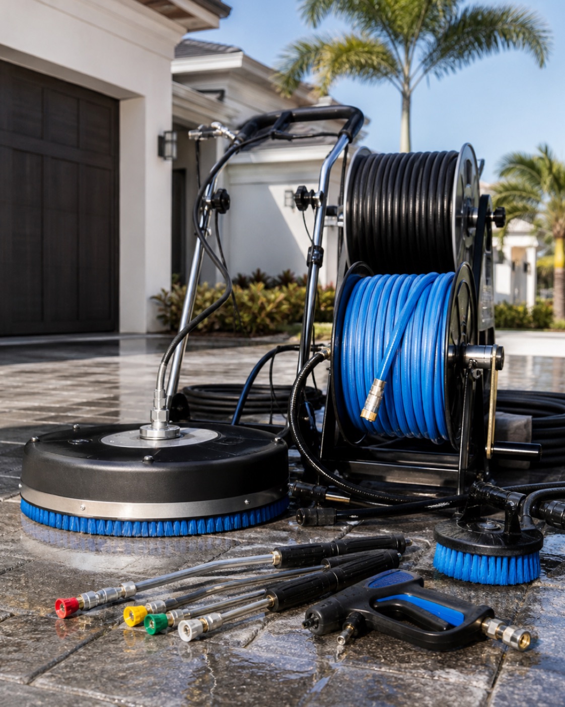 Organized pressure washing tools, hose reels, nozzles and surface cleaner at a Florida job site